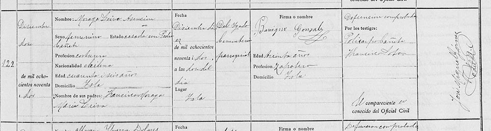 Registro de defunción de mi tatarabuela, Asención Moraga Leiva, 1892 (R.C. de Santa Cruz).